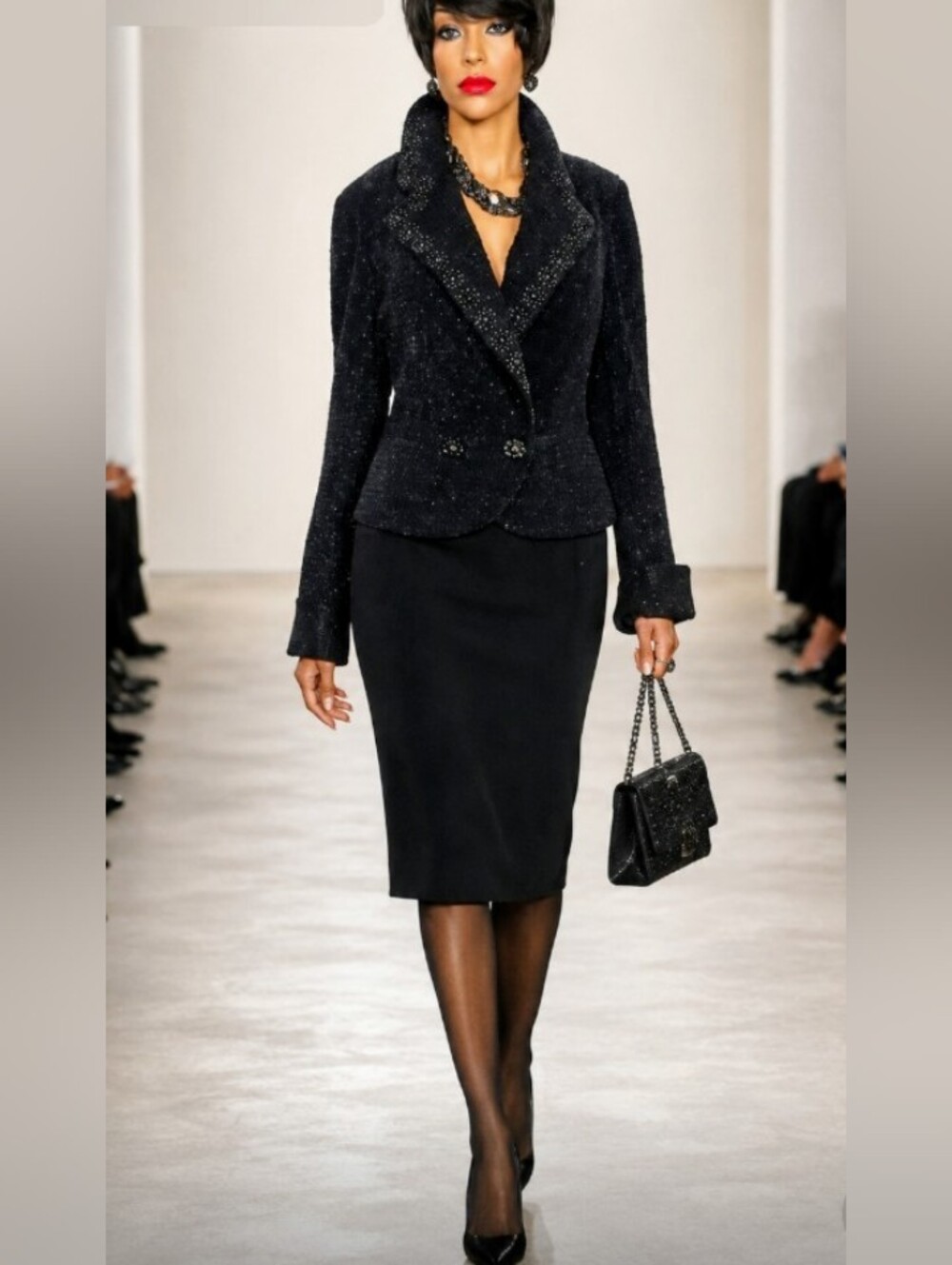 ST JOHN COUTURE 10 L BLACK 100+ CRYSTALS CHENILLE SILK PEPLUM SANTANA SKIRT SUIT